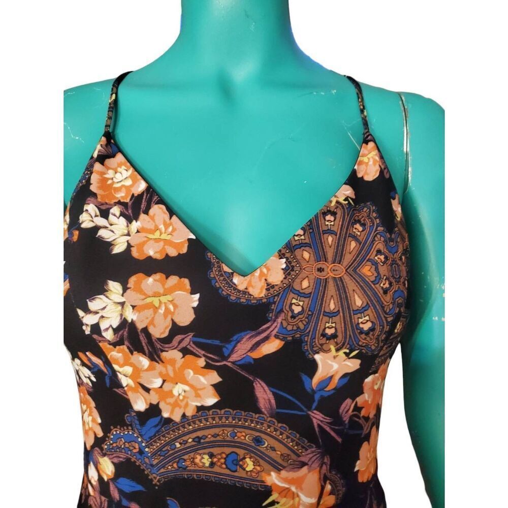 Women Bebe X Naven Black Floral Print Polyester Lined Cross Zip Back Dress Size - Picture 2 of 11